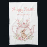 Personalized Easter Bunny Teapot Family  Theedoek<br><div class="desc">Personalized Easter Bunny Teapot Family kitchen towel. Celebrate Easter with this cute personalized towel featuring a sweet bunny peeks from a pink floral teapot, surrounded by pastel flowers. Customize with your family name for a special touch. Perfect for your morning coffee or tea, this mug makes a wonderful gift for...</div>