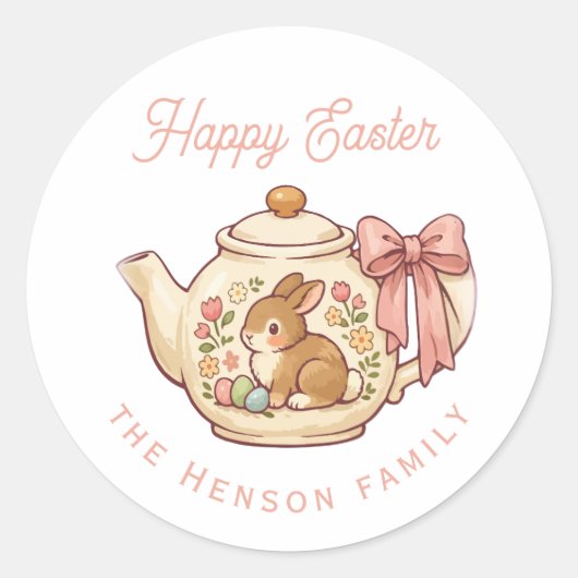 Personalized Easter Bunny Teapot Floral Party Ronde Sticker (Voorkant)