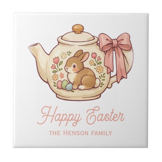 Personalized Easter Bunny Teapot Floral  Tegeltje (Voorkant)