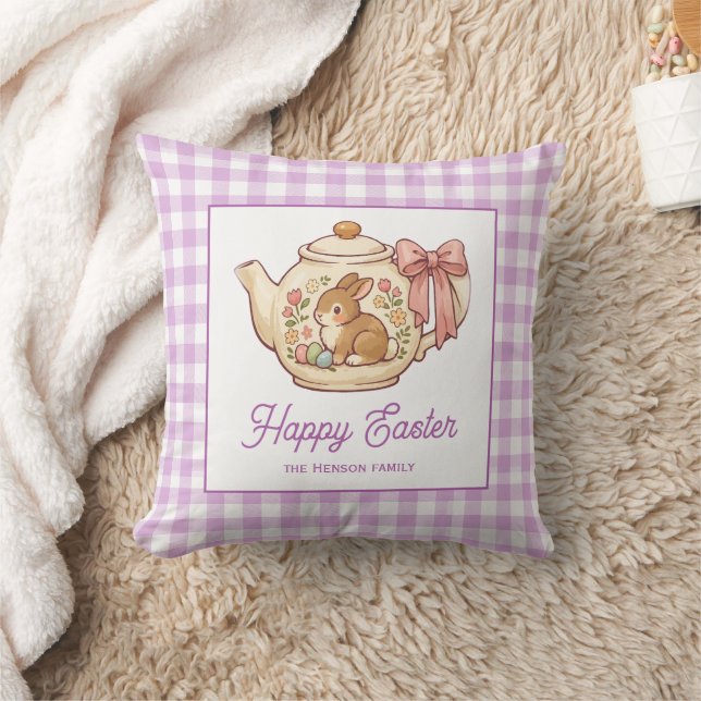 Personalized Easter Bunny Teapot Gingham Family Kussen (Deken)