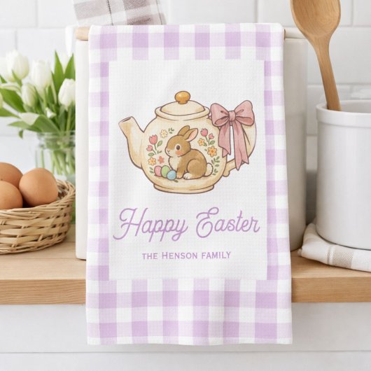 Personalized Easter Bunny Teapot Gingham Family Theedoek