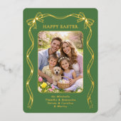 Personalized Easter Family Photo Gold Ribbon Bow Folie Feestdagenkaart (Voorkant)