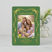 Personalized Easter Family Photo Gold Ribbon Bow Folie Feestdagenkaart (Staand Voorkant)