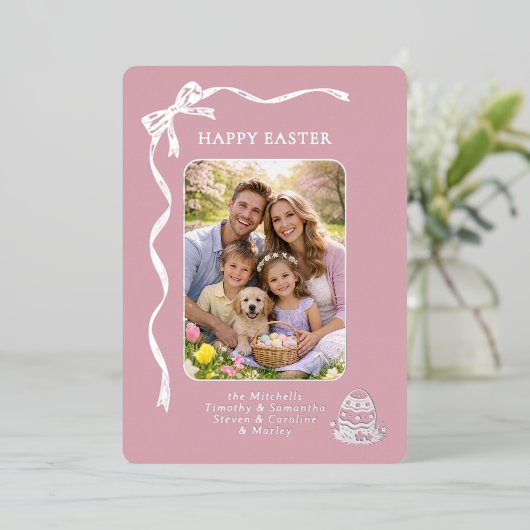 Personalized Easter Family Photo Silver Ribbon Bow Folie Feestdagenkaart (Staand Voorkant)