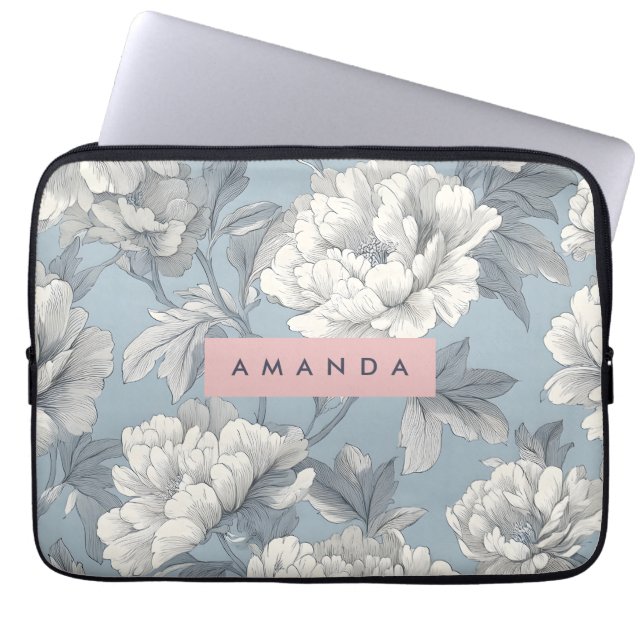 Personalized Elegant Blue and Cream Peony Floral  Laptop Sleeve (Voorkant)