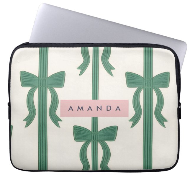 Personalized Elegant Green Bow Ribbon  Laptop Sleeve (Voorkant)