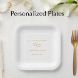 Personalized Elegant Modern 50th Anniversary Party Papieren Bordje<br><div class="desc">Create stylish wedding anniversary party paper plate by adding the couples names and wedding or anniversary date to these plates. Simple, elegant script saying "Celebrating 50 Years" written in a tan golden color can be edited to any number. Two simple hand drawn golden tan toned intertwined hearts accent the center....</div>