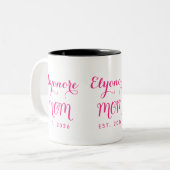 Personalized Elegant New Mom Name Est Pink Script  Tweekleurige Koffiemok (Voorkant links)