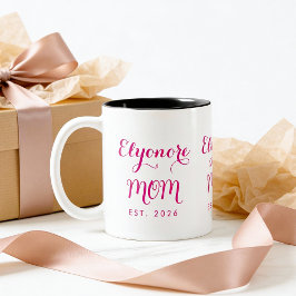 Personalized Elegant New Mom Name Est Pink Script  Tweekleurige Koffiemok