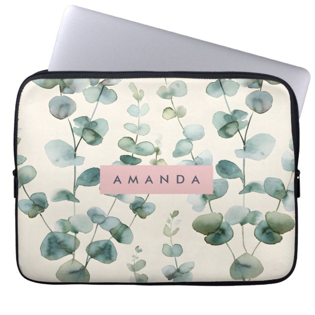 Personalized Elegant Pastel Eucalyptus Leaves Laptop Sleeve (Voorkant)