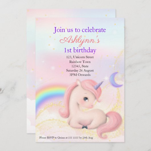 Personalized Elegant Pink Watercolour Unicorn Kaart (Voorkant / Achterkant)