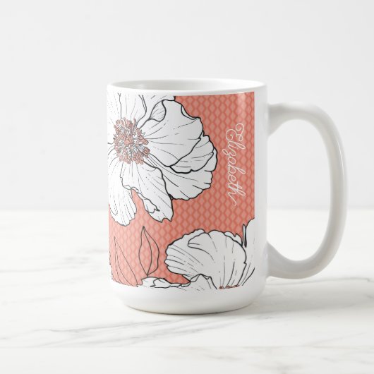 Personalized Elegant White Florals on Coral Koffiemok (Rechts)