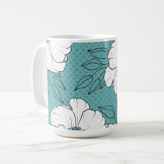 Personalized Elegant White Florals on Teal Koffiemok (Voorkant links)