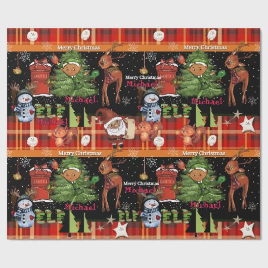Personalized Elf Boy Name Christmas | Red Plaid Cadeaupapier (Vlak)