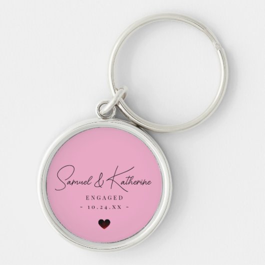 Personalized Engagement Date Pink Heart Script Sleutelhanger (Voorkant)