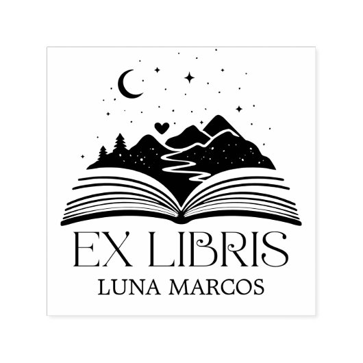 Personalized Ex Libris with a Book and Stars Heart Zelfinktende Stempel (Design)