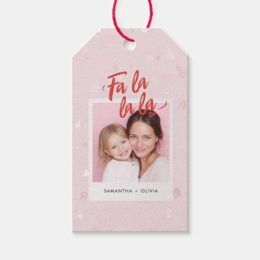 Personalized Fa La La La Pink Christmas Photo Cadeaulabel (Voorkant)