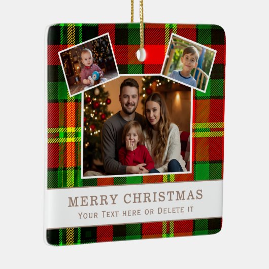 Personalized Family 3 Photo Green Plaid Christmas Keramisch Ornament (Rechts)
