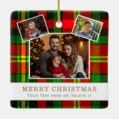 Personalized Family 3 Photo Green Plaid Christmas  Keramisch Ornament (Achterkant)