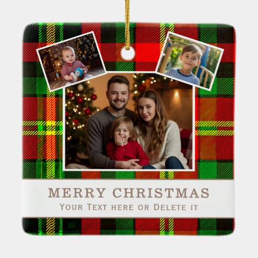 Personalized Family 3 Photo Green Plaid Christmas Keramisch Ornament (Achterkant)