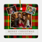 Personalized Family 3 Photo Green Plaid Christmas Keramisch Ornament (Voorkant)
