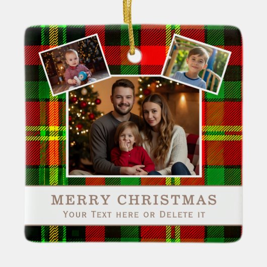 Personalized Family 3 Photo Green Plaid Christmas  Keramisch Ornament (Voorkant)