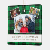 Personalized Family 3 Photo Green Plaid Christmas Keramisch Ornament (Links)