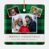 Personalized Family 3 Photo Green Plaid Christmas Keramisch Ornament (Achterkant)