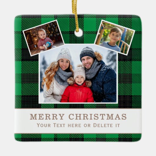 Personalized Family 3 Photo Green Plaid Christmas Keramisch Ornament (Voorkant)