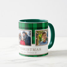 Personalized Family 3 Photo Green Plaid Christmas 