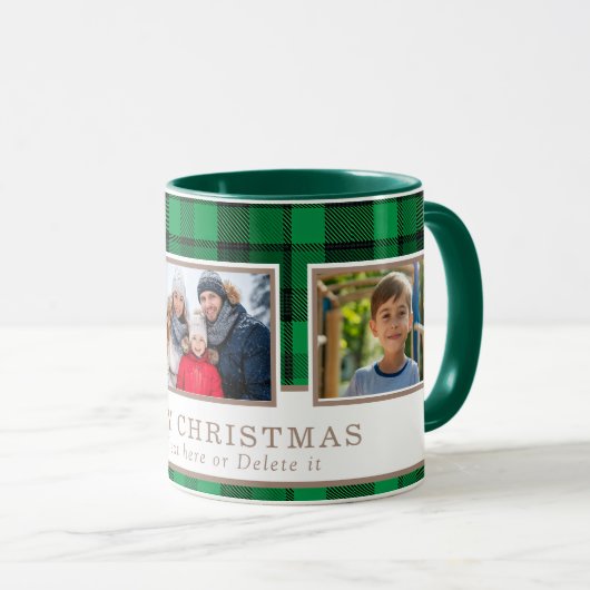 Personalized Family 3 Photo Green Plaid Christmas Mok (Voorkant rechts)
