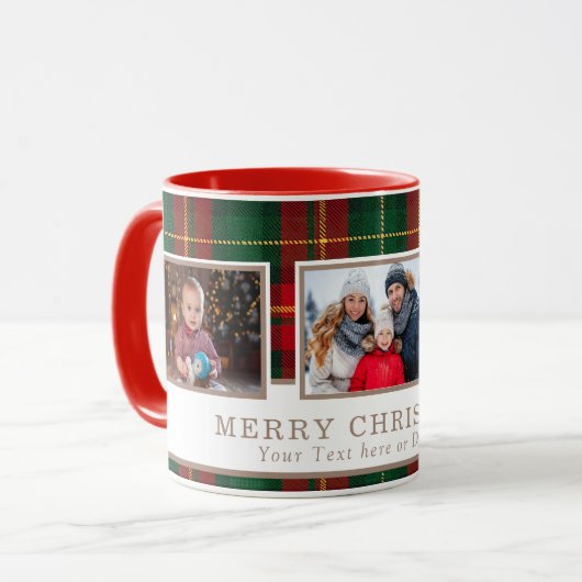 Personalized Family 3 Photo Plaid Christmas  Mok (Voorkant links)