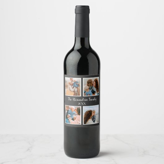 Personalized family 4 photo collage template wijn etiket (Voorkant)