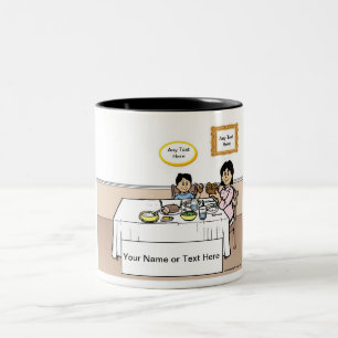 Personalized Family Dinner, Single Mom, 1 Cartoon Tweekleurige Koffiemok