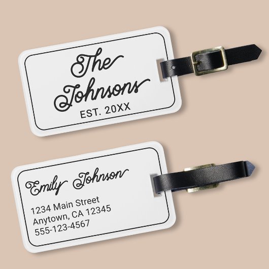 Personalized Family Name in Elegant Script White Bagagelabel