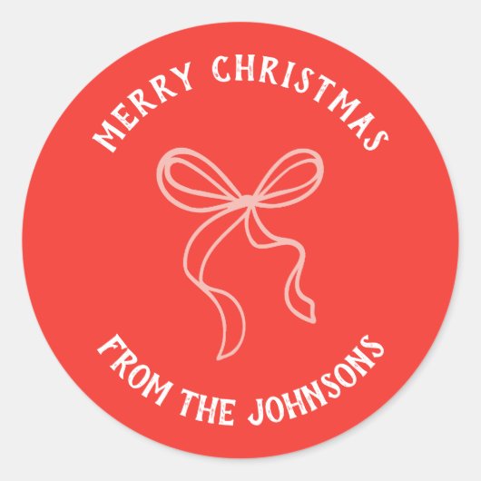 Personalized Family Name Merry Christmas Bow Ronde Sticker (Voorkant)