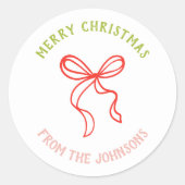 Personalized Family Name Merry Christmas Bow Ronde Sticker (Voorkant)