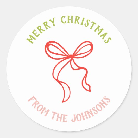 Personalized Family Name Merry Christmas Bow Ronde Sticker (Voorkant)