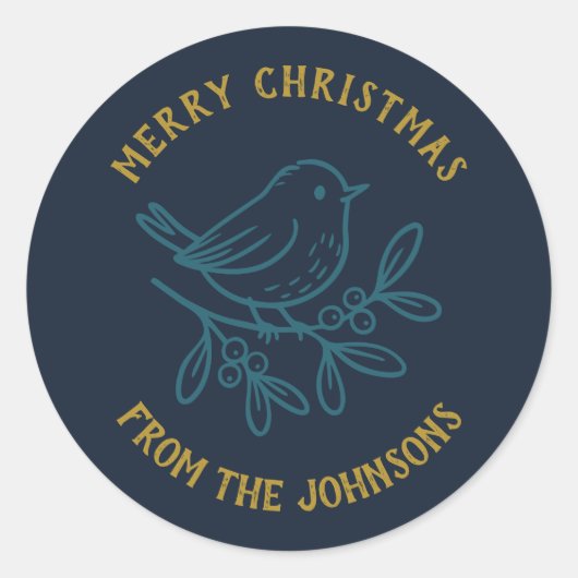 Personalized Family Name Merry Christmas Robin Ronde Sticker (Voorkant)