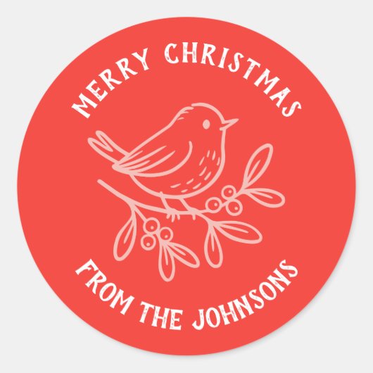 Personalized Family Name Merry Christmas Robin Ronde Sticker (Voorkant)