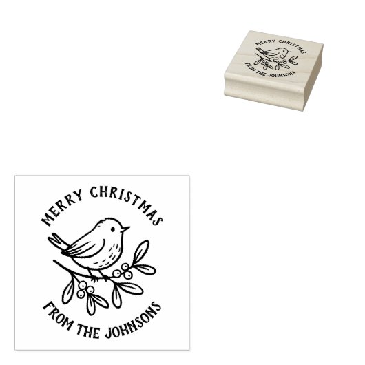 Personalized Family Name Merry Christmas Robin Rubberstempel (Gestempeld)
