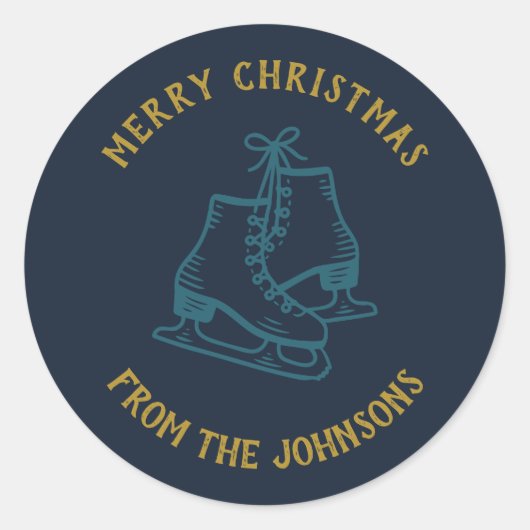 Personalized Family Name Merry Christmas Skates Ronde Sticker (Voorkant)