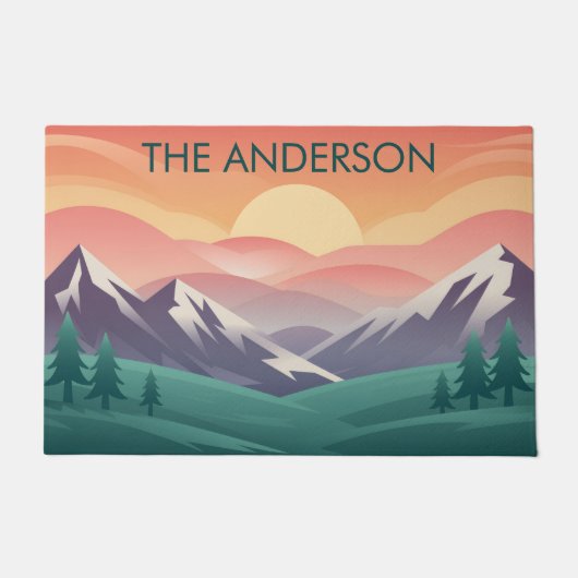Personalized Family Name Sunrise Mountains Deurmat (Voorkant)
