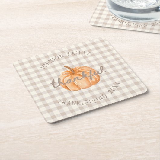 Personalized Family Name Thankful Neutral Gingham Kartonnen Onderzetters (Schuin)