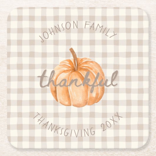 Personalized Family Name Thankful Neutral Gingham  Kartonnen Onderzetters (Voorkant)