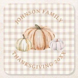 Personalized Family Name Thankful Neutral Gingham Kartonnen Onderzetters