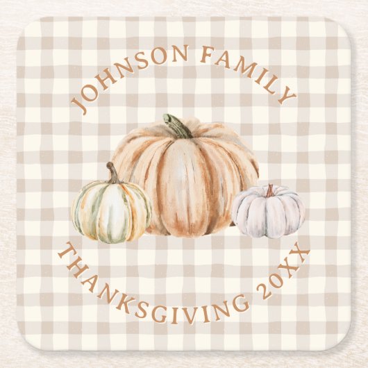 Personalized Family Name Thankful Neutral Gingham Kartonnen Onderzetters (Voorkant)