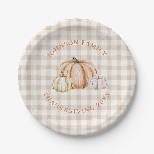Personalized Family Name Thankful Neutral Gingham Papieren Bordje (Voorkant)