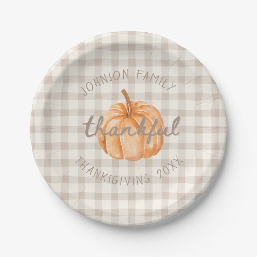 Personalized Family Name Thankful Neutral Gingham Papieren Bordje (Voorkant)