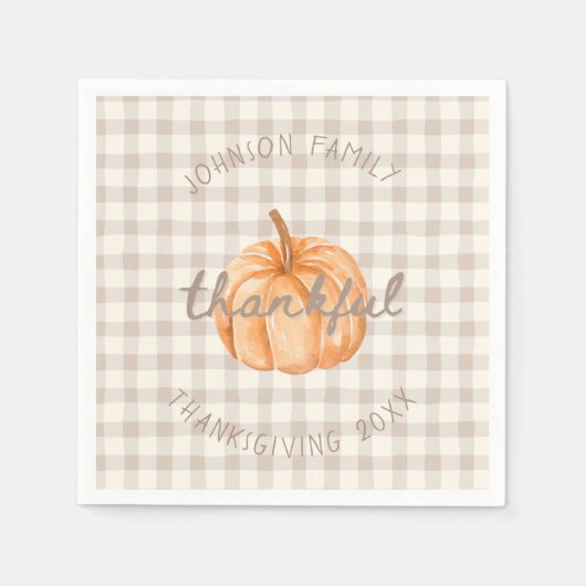 Personalized Family Name Thankful Neutral Gingham Servet (Voorkant)